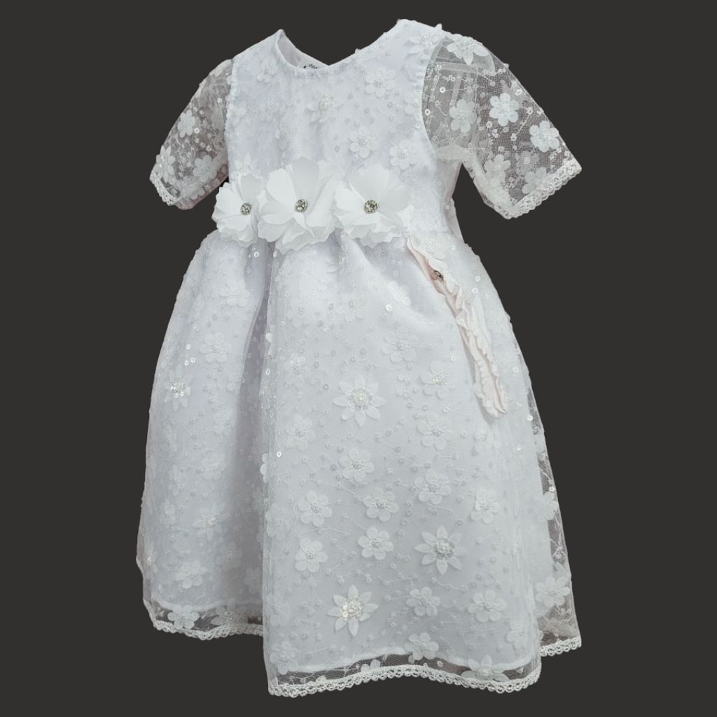 Vestido Blanco de Tul Bordado Recto 6 Meses
