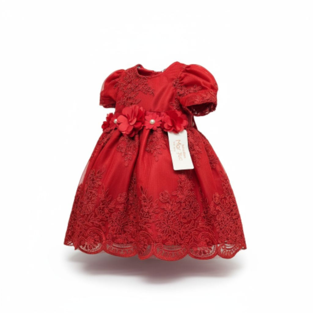 Vestido Rojo de Tul Bordado Recto 6 Meses