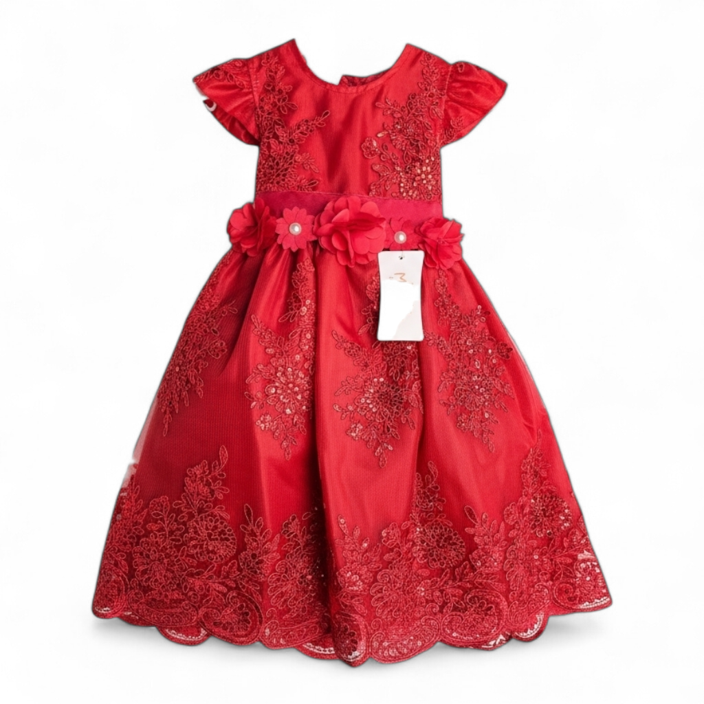 Vestido Rojo de Tul Bordado Recto 3 Años