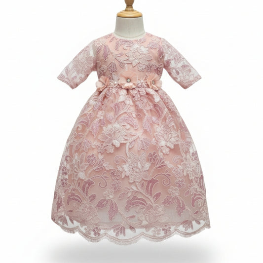 Vestido Coral de Tul Bordado Recto 6 Meses