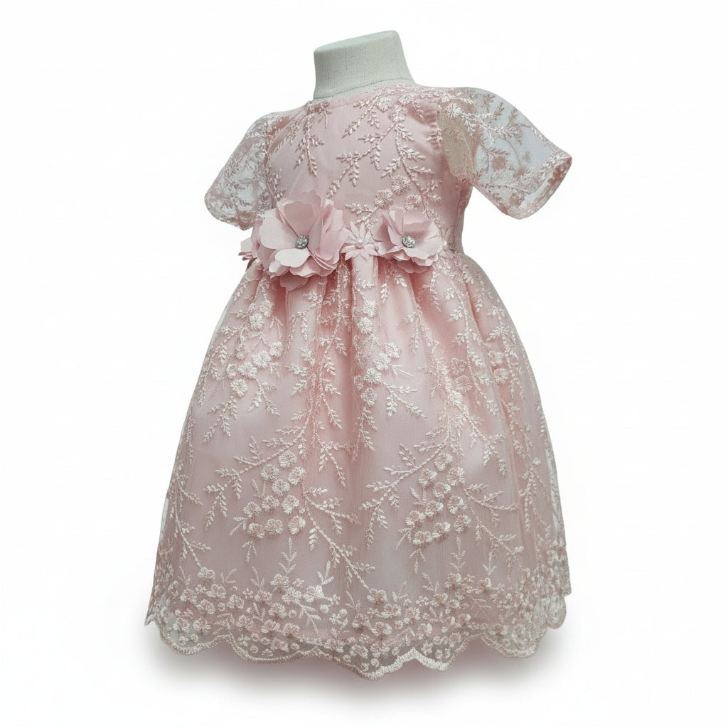 Vestido Coral de Tul Bordado Recto 6 Meses