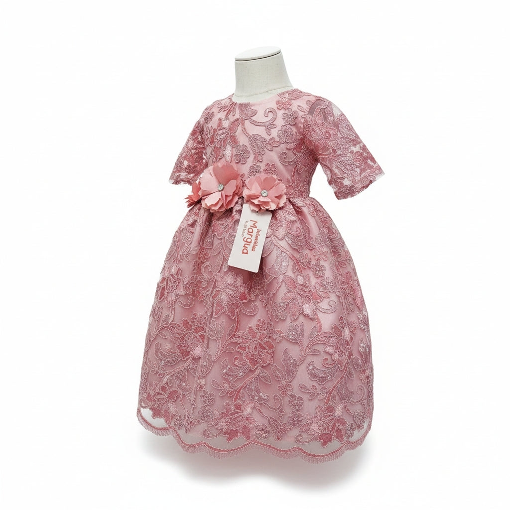 Vestido Coral de Tul Bordado Recto 6 Meses
