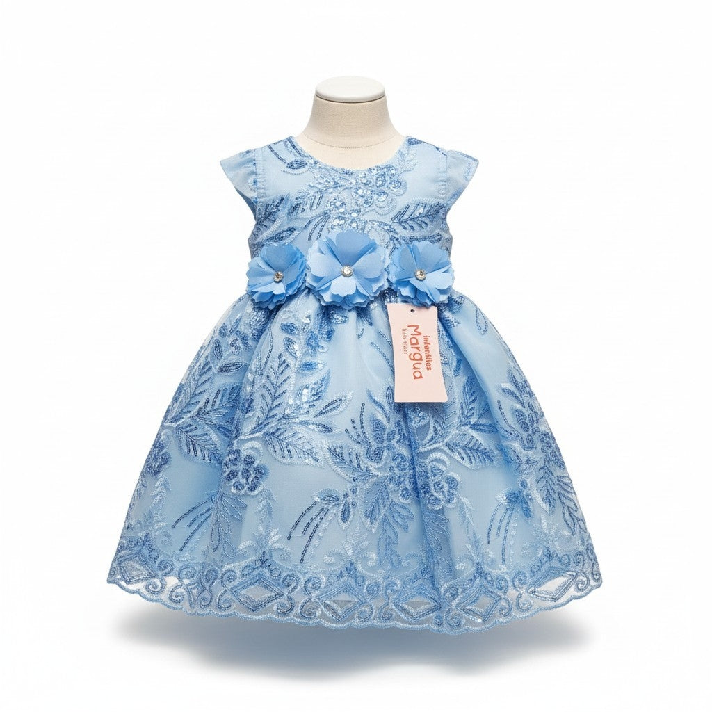 Vestido Oro de Tul Bordado Recto 6 Meses