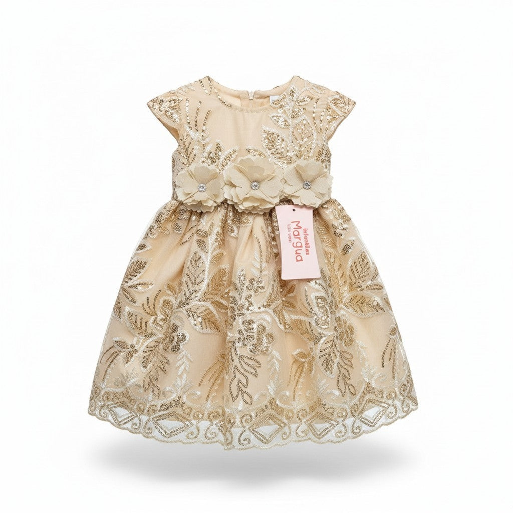Vestido Oro de Tul Bordado Recto 6 Meses